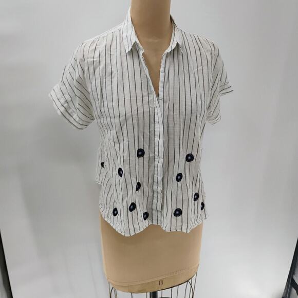 Sz S Madewell Striped Embroidered Button Up Blouse Top Short Sleeve white - Picture 2 of 16